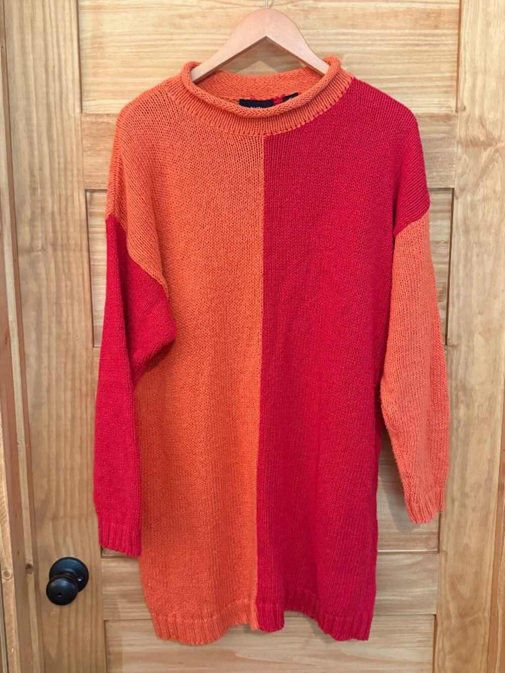 Vintage Hand Knit PASTA Roll Neck Colorblock Chunky Tunic Sweater size L